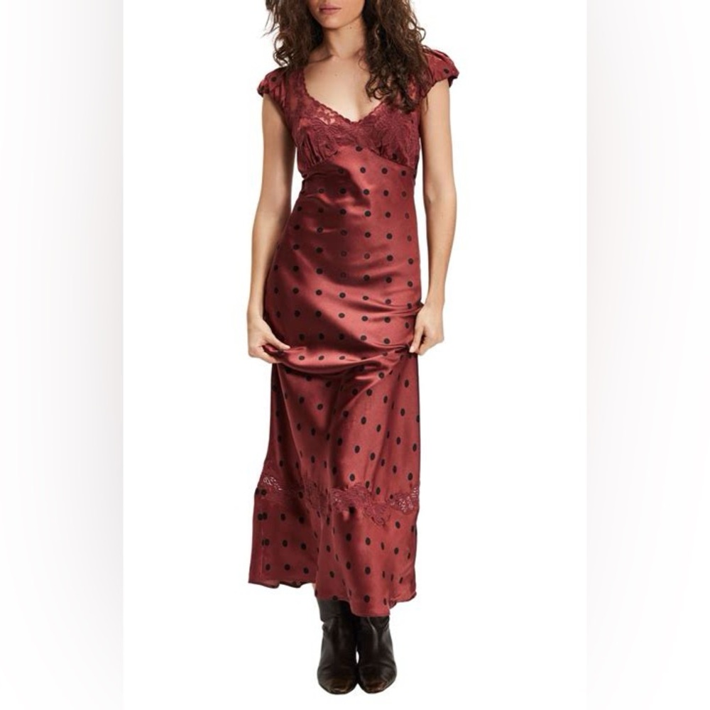 NWT Free People Butterfly Babe Polka Dot Maxi Dress in Cedar Combo (Burgundy)
